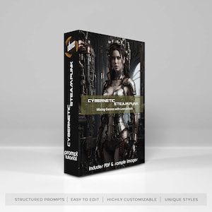 Könnte beinhalten: Eine schwarze Box mit dem Titel "Cybernetic Steampunk" mit einer Frau in futuristischer Rüstung. Die Box enthält den Text "prompt tutorial" und "includes PDF & sample images". Der Boden der Box trägt den Text "structured prompts, easy to edit, highly customizable, unique styles."