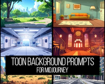 Peut inclure: Plusieurs arrière-plans de dessins animés, dont un parc, un salon, un intérieur de vaisseau spatial, un grand hall, un paysage désertique et une rue de la ville. Le texte "TOON BACKGROUND PROMPTS FOR MIDJOURNEY" est affiché.