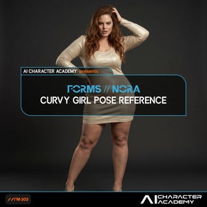 May include: A woman in a gold-colored dress and a gray skirt poses for a reference photo. The image includes text that reads "AI CHARACTER ACADEMY presents FORMS // NORA CURVY GIRL POSE REFERENCE". The background is a dark gray.