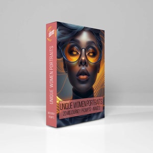 Pode incluir: Uma capa de livro com um retrato estilizado de uma mulher com óculos tingidos de laranja e um piercing no nariz. O título "UNIQUE WOMEN PORTRAITS" é exibido em destaque, juntamente com "20 MIDJOURNEY PROMPTS + IMAGES". O esquema de cores inclui laranja, preto e coral.