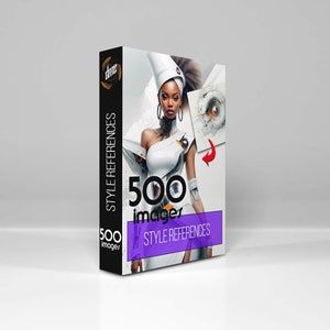 May include: A product box with the text "500 Images Style References" features a futuristic woman in white attire. The box has a black spine with white text and a purple banner. The image on the box shows a woman with large hoop earrings.