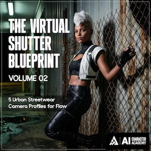 May include: A digital graphic featuring the text THE VIRTUAL SHUTTER BLUEPRINT VOLUME 02 5 Urban Streetwear Camera Profiles for Flow and AI CHARACTER ACADEMY. A person with short white hair wears a black crop top, white vest, and black pants.