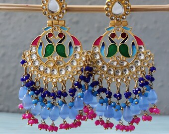 Multi Color Kundan Beaded Chandbalis / Meenakari Ethnic Chandelier / Colorful Indian Earrings