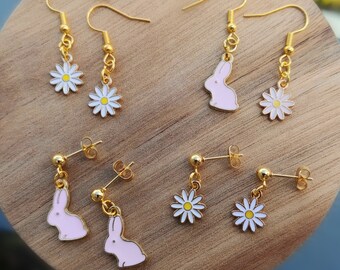 Easter Earrings, Bunny Earrings, Daisy Earrings, Pastel Pink, Small Gold Dangle Earrings, Spring Earrings, Gift for Her, Easter Accessories