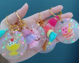 Kawaii Keychain with Tassel, Kawaii Sparkle Keychain, Cupcake Keychain, Ice Cream, Dessert, Pastel Dangle Keychain, Gold Chain, Lobster Claw