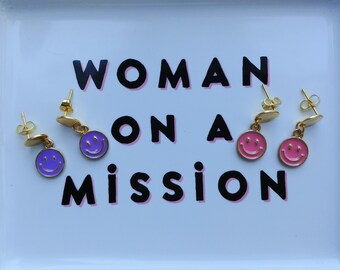 Smiley Face Earrings, Smile Dangle Earrings, Pink Smiley, Purple Smiley, Statement Earrings, Gold Plated Push Back Earrings, Gift for Her