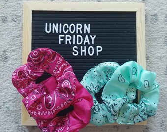 Bandana Scrunchies, Large Pink Paisley Hair Tie, Teal Turquoise Boho Style, Hair Accessory, Colorful, Gift for Her, Fun Fashion Kids Adults