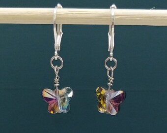 Butterfly Dangle Earrings, Silver Dangle Earrings, Holographic, Sparkle, Statement Earrings, Silver Plated Leverback Earrings, Gift for Her
