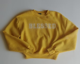 Blessed Sweatshirt, Yellow Sweater, Yellow Crew Neck, Inspirational Fashion, Collegiate Lettering, Bleach Dyed, Women's Small Sweater