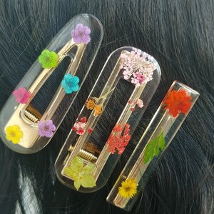 Wildflower Hair Barrettes, Neon Flowers, Pink and Blue Flowers, Flower Hair Clips, Gold Clip image 1