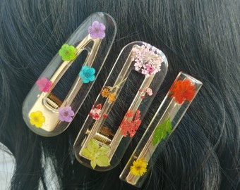 Wildflower Hair Barrettes, Neon Flowers, Pink and Blue Flowers, Flower Hair Clips, Gold Clip