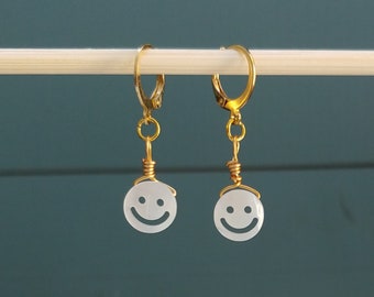 Smiley Face Earrings, Smile Dangle Earrings, 90's Themed Flowers, Statement Earrings, Gold Plated Leverback Huggie Earrings, Gift for Her