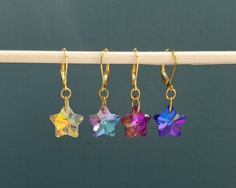 Star Earrings, Holographic Dangle Gold Plated Leverback Earrings, Rainbow Sparkle, Statement Earrings, Gift for Her, 4th of July Party