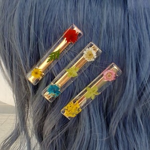 Wildflower Hair Barrettes, Neon Flowers, Pink and Blue Flowers, Flower Hair Clips, Gold Clip image 4