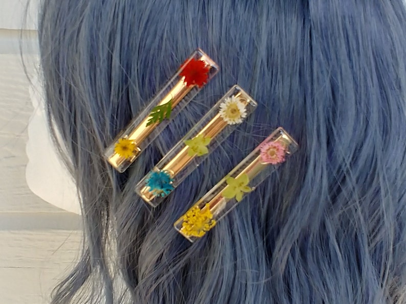 Wildflower Hair Barrettes, Neon Flowers, Pink and Blue Flowers, Flower Hair Clips, Gold Clip image 4