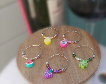 Kawaii Fruit Drink Charms, Cute Summer Wine Charms, Colorful Fruit Charms, Avocado, Strawberry, Grapes, Dinner Party, Party Favors, Set of 4