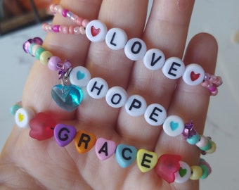 Rainbow Friendship Bracelet, Christian Jewelry, Disc Beads, Letters, Shine, Love, Grace, Rejoice, Happy, Hope, Smiley Face, Heart Charm