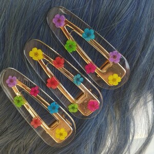 Wildflower Hair Barrettes, Neon Flowers, Pink and Blue Flowers, Flower Hair Clips, Gold Clip image 2