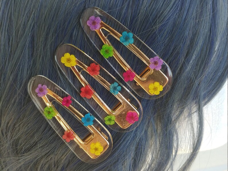 Wildflower Hair Barrettes, Neon Flowers, Pink and Blue Flowers, Flower Hair Clips, Gold Clip image 2