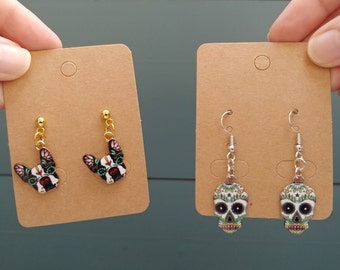 French Bulldog Earrings, Sugar Skull Earrings, Skeleton, Frenchie, Halloween Jewelry, Dia de los Muertos, Gifts for Her, Spooky Accessories