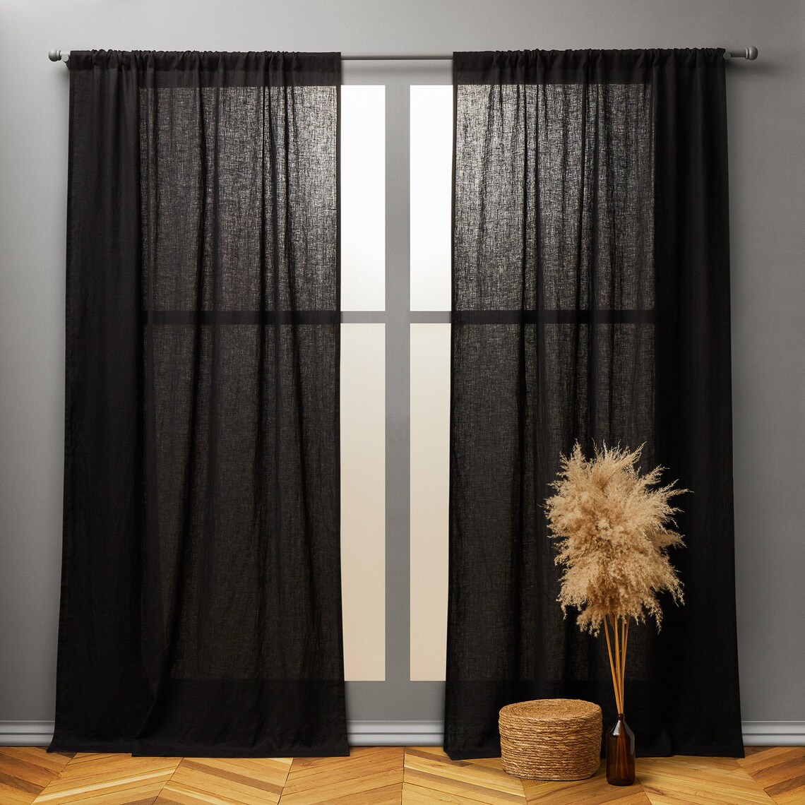 Rod Pocket Linen Curtain Panel Black Semisheer Linen Drapes Etsy UK