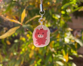 Handmade Pink Pig Keychain - pig with bow, cute pig accessory, bag or phone strap, gift idea