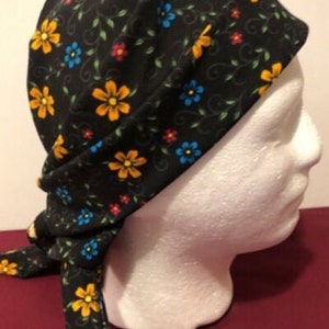 Flower Power scarf, Super cute flowers on black background Exclusive Bigger Human Bandana, Unique Special floral design 32” Bandana