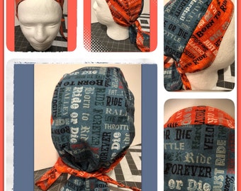 Doo Rag, Motorcycle Skull Cap Biker, Medical Scrub Cap, orange/blue Du Rag Bandana, Fully-lined unique Born to Ride DooRag, lined cap