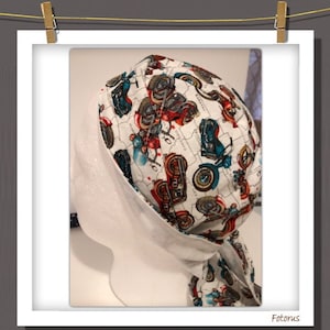 Doo Rag Motorcycle Skull Cap Biker themed Medical Scrub Cap Du Rag Bandana Fully-lined head wrap, cool white cap with classic bike design