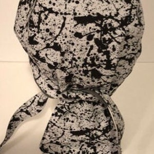 Doo Rag, Motorcycle Skull Cap Biker, Medical Scrub Cap, Du Rag, Fully-lined head wrap, Black/White Ink Blotches Doo Rag, White/Black Cap