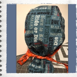 Doo Rag, Motorcycle Skull Cap Biker, Medical Scrub Cap, orange/blue Du Rag Bandana, Fully-lined unique Born to Ride DooRag, lined cap