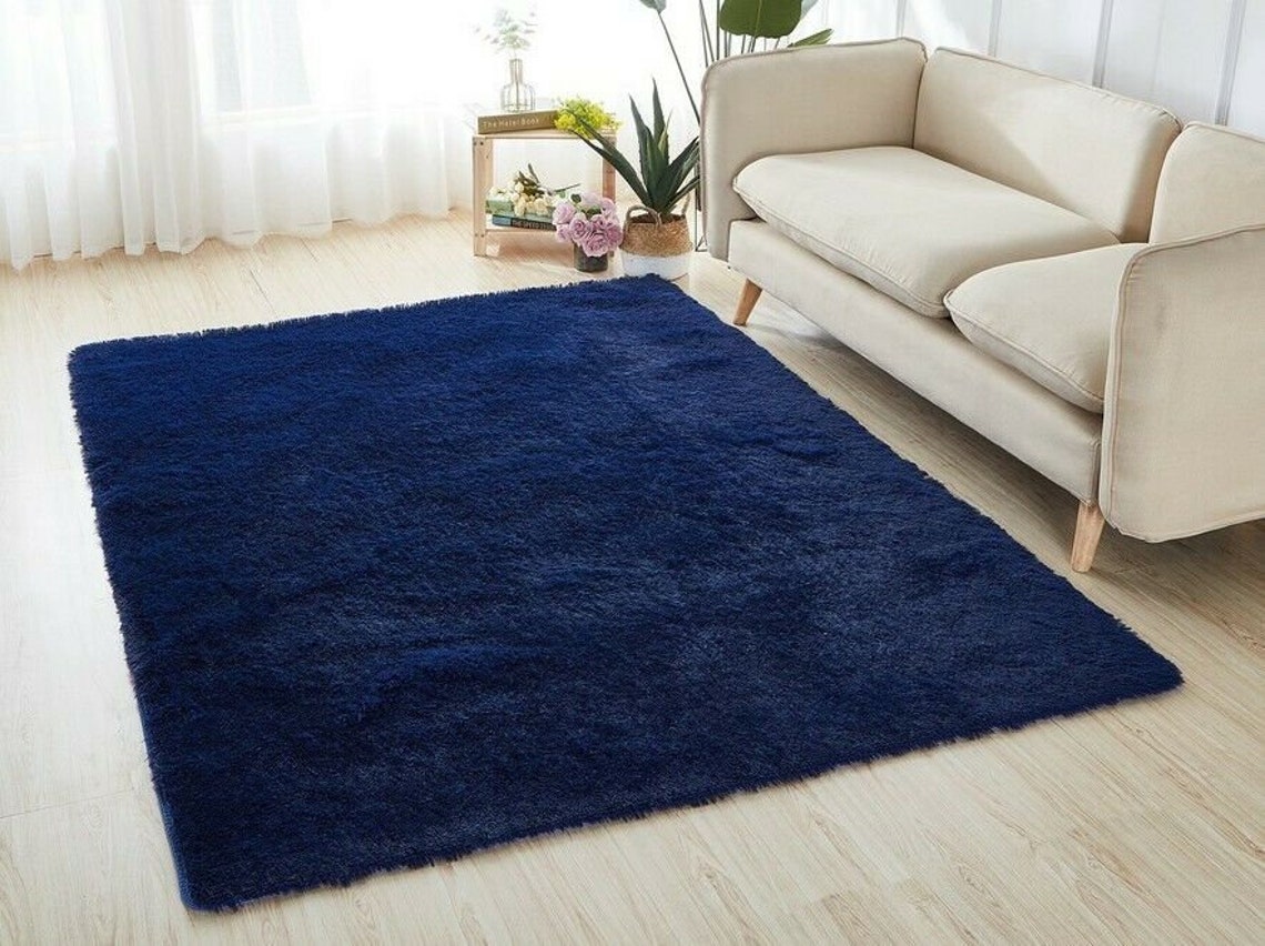 Large Small Navy Blue Shaggy Fluffy Living Room Rug Etsy