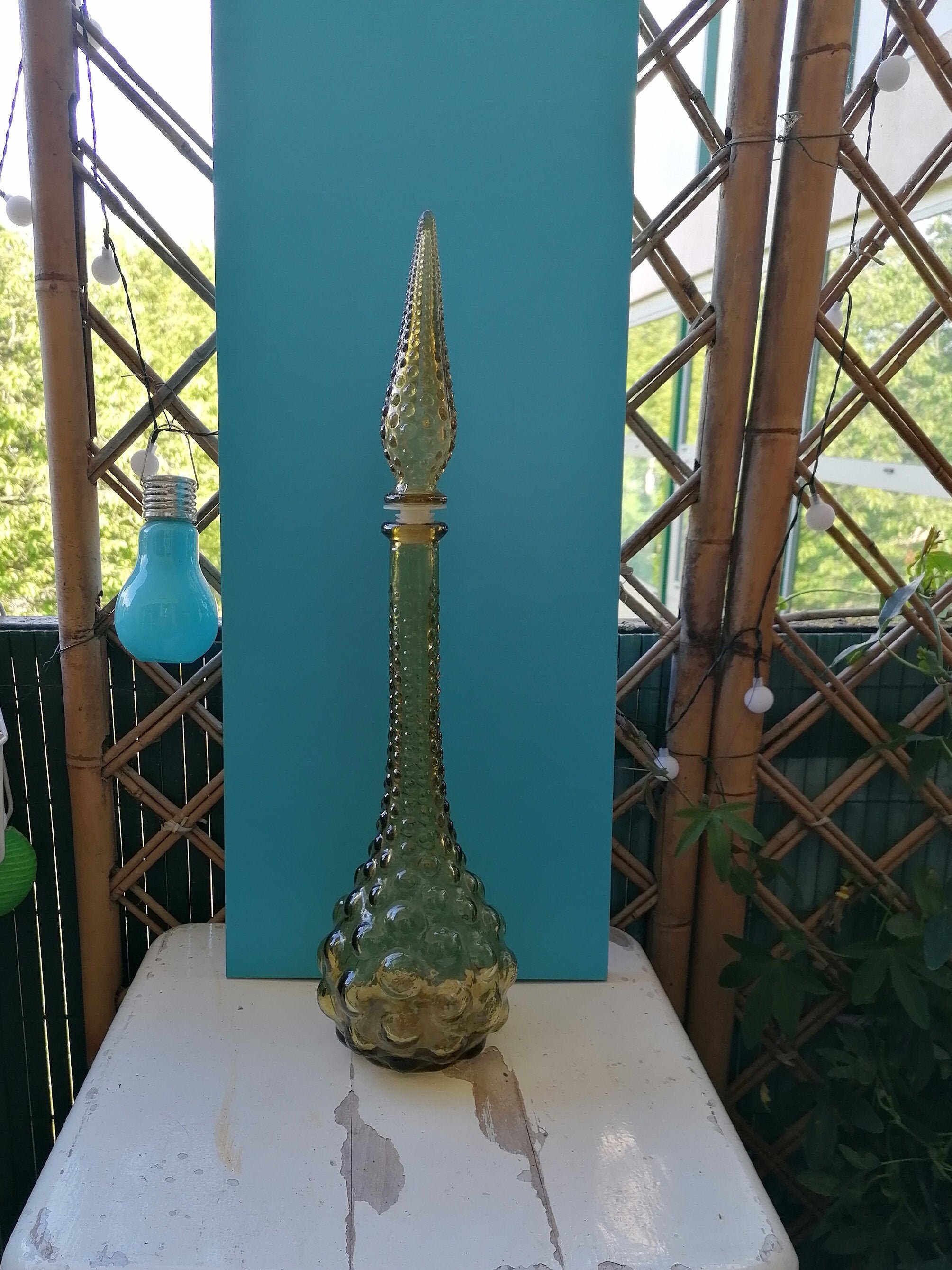 Grande Carafe Italienne en Verre Empoli Jaune Doré avec Bulles Année 70