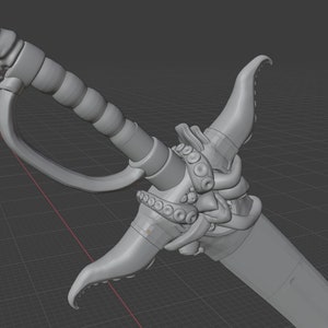 May include: A gray 3D model of a sword with an intricate handle shaped like an octopus tentacle. The handle is decorated with a series of rings and the blade is sharp and pointed.