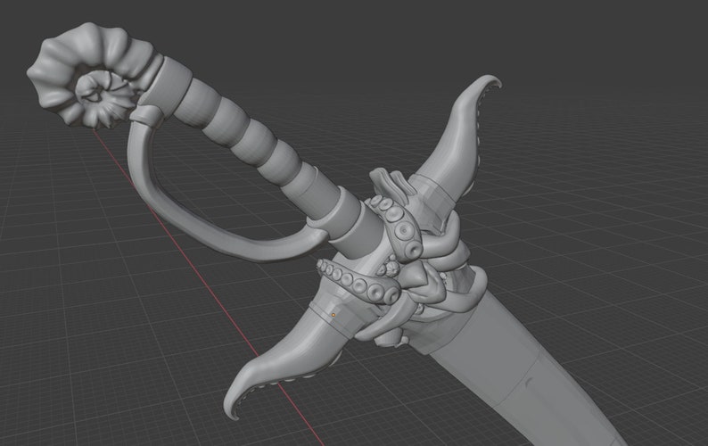 May include: A gray 3D model of a sword with an intricate handle shaped like an octopus tentacle. The handle is decorated with a series of rings and the blade is sharp and pointed.
