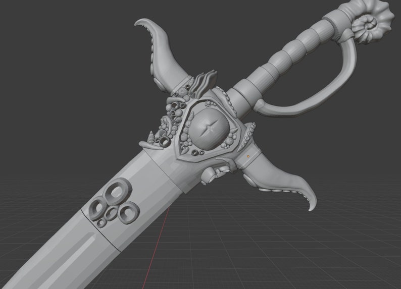 May include: A silver sword with a detailed handle featuring an eye and various sea-life motifs. The handle is adorned with a spiral design and a tentacle-like grip.