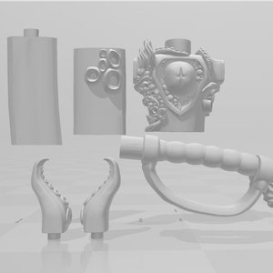 May include: A 3D printed model of a fantasy creature, featuring a detailed torso with a shield, a pair of tentacles, a sword handle, and two cylindrical pieces.