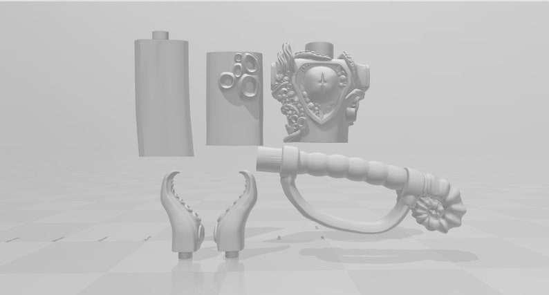 May include: A 3D printed model of a fantasy creature, featuring a detailed torso with a shield, a pair of tentacles, a sword handle, and two cylindrical pieces.