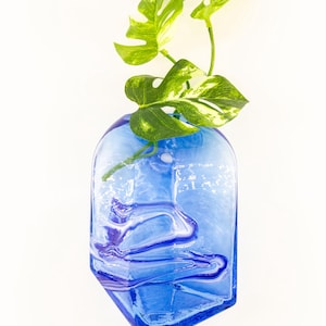 Puede incluir: Un jarrón de vidrio azul con una forma única, con un diseño en espiral en tonos de azul. El jarrón contiene hojas verdes y verde amarillento. El jarrón es un artículo decorativo para la decoración del hogar.