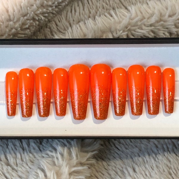 Orange Sparkle Press On Nails - Orange Glitter Nail Set - By Gleesh Nail Boutique