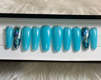 Glow in the dark Press On Nails - Blue Butterfly Nails- GLEESH Nail Boutique