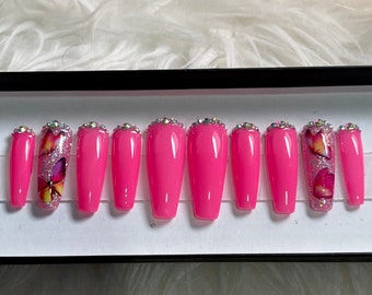 Press On Nails - Pink Jeweled - GLOW In The Dark - Butterfly Nail Set - GLEESH Nail Boutique