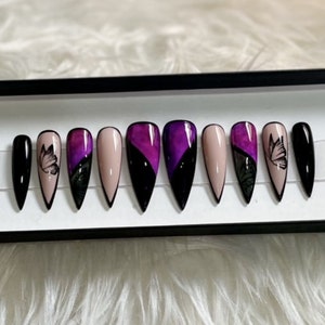 Press On Nails - Black Stiletto Outline Nails - Black Butterfly Nails - By Gleesh Nail Boutique