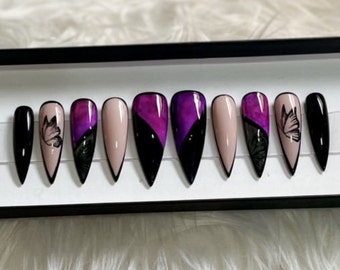 Press On Nails - Black Stiletto Outline Nails - Black Butterfly Nails - By Gleesh Nail Boutique