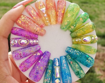 Jelly Press On Nails - Glitter & Crystal Accent Nails - Pink - Orange - Green - Purple - Blue - By GLEESH Nail Boutique