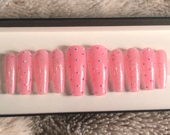 Pink Glitter and Crystal press on On nails - By Gleesh Nail Boutique