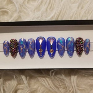 Blue & Rose Gold Marble Press On Nails - Crystal Accent Nails - Marble Nails - Matte Nails - Pink - Gold - by GLEESH Nail Boutique