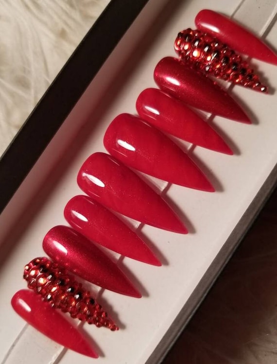 Red Matte Press On Nails with Crystal Accent