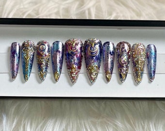 Super Nova Crystal Beaded Purple & Gold Press On Nails - By GLESSH Nail Boutique