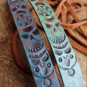 Tooled Leather Bracelet/Cuff, Unique Design, Blue Turquoise w/Chocolate Brown OR Green Turquoise w/Nutmeg